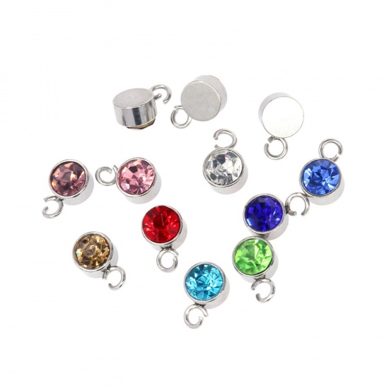 Picture of 304 Stainless Steel Birthstone Charms Silver Tone Multicolor Round 6mm x 9mm