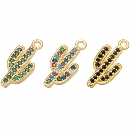 Brass Charms 18K Gold Plated Cactus Multicolor Rhinestone 17mm x 8mm