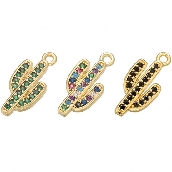 Imagen de 1 Unidad Latón Colgantes Cactus Chapado en Oro de 18K Multicolor Rhinestone 17mm x 8mm