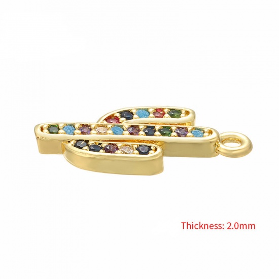 Imagen de 1 Unidad Latón Colgantes Cactus Chapado en Oro de 18K Multicolor Rhinestone 17mm x 8mm