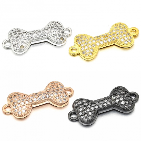 Picture of Brass Pet Memorial Connectors Charms Pendants Bone Micro Pave Clear Rhinestone 20mm x 9mm                                                                                                                                                                     