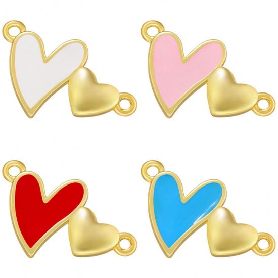 Picture of Brass Connectors Charms Pendants Multicolor Heart Enamel Clear Rhinestone 17.5mm x 10.5mm                                                                                                                                                                     