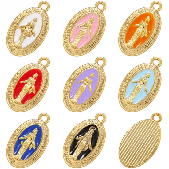 Picture of Brass Religious Charms Gold Plated Multicolor Oval Virgin Mary Enamel 21mm x 12mm                                                                                                                                                                             