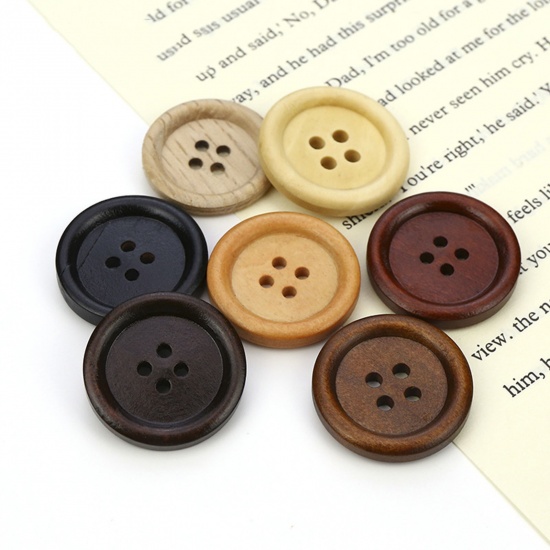 Picture of Natural Wood Buttons Scrapbooking 4 Holes Round Multicolor