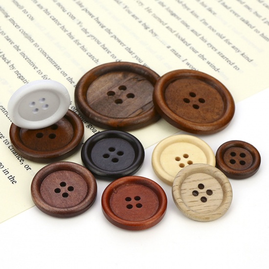 Picture of Natural Wood Buttons Scrapbooking 4 Holes Round Multicolor