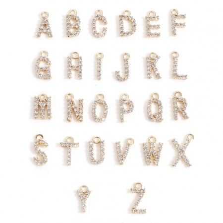 Brass Charms 18K Real Gold Plated Capital Alphabet/ Letter Message " A-Z " Micro Pave Clear Cubic Zirconia