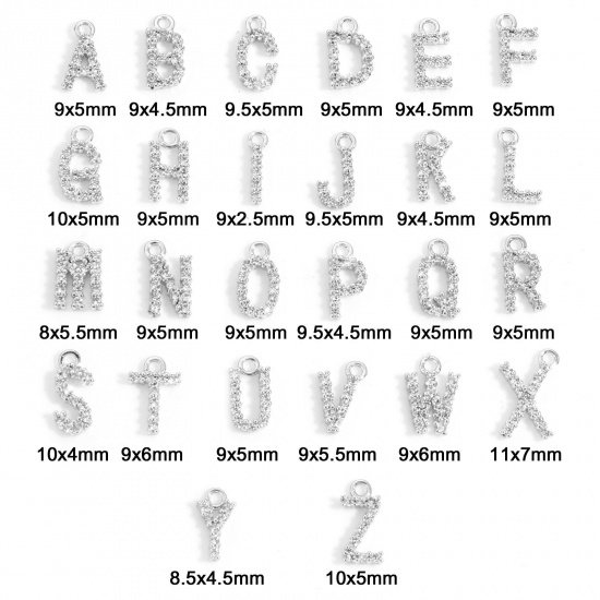Picture of Brass Charms Real Platinum Plated Capital Alphabet/ Letter Message " A-Z " Micro Pave Clear Cubic Zirconia