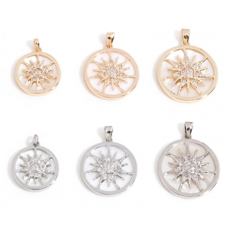1 Pièce Pendentif Breloque Galaxie en Coquille Naturelle & Laiton Rond Plaqué Or Véritable Blanc Soleil Micro Pave à Zircone Cubique Clair
