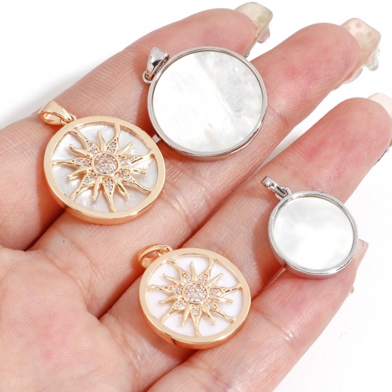 Picture of Natural Shell & Brass Galaxy Charm Pendant Real Gold Plated White Round Sun Micro Pave Clear Cubic Zirconia