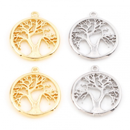 Ottone Charms Tondo Vero Oro Placcato Albero Micro Spianare Trasparente Cubic Zirconiae 17mm x 15mm, 3 Pz