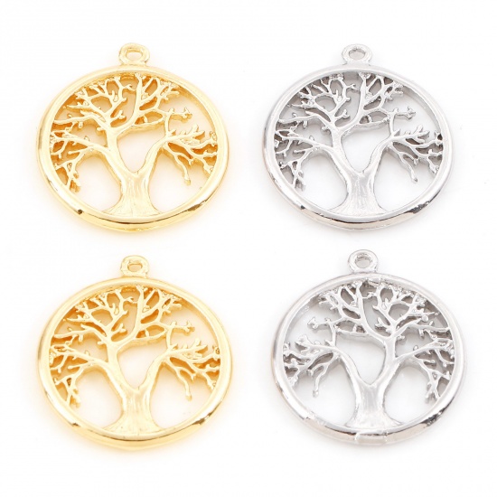 Imagen de Latón Colgantes Charms Ronda Oro Real Chapado Árbol Micro Pave Claro Circón Artificial 17mm x 15mm, 3 Unidades