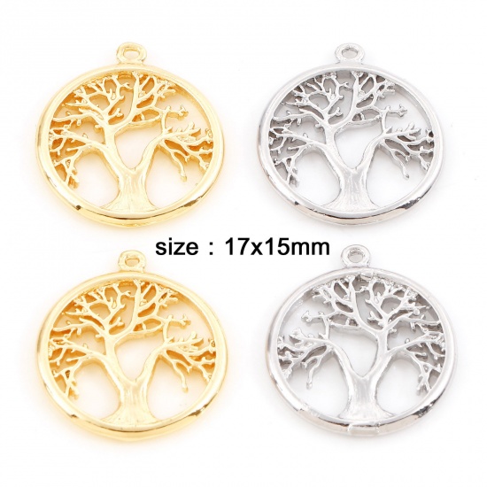 Imagen de Latón Colgantes Charms Ronda Oro Real Chapado Árbol Micro Pave Claro Circón Artificial 17mm x 15mm, 3 Unidades