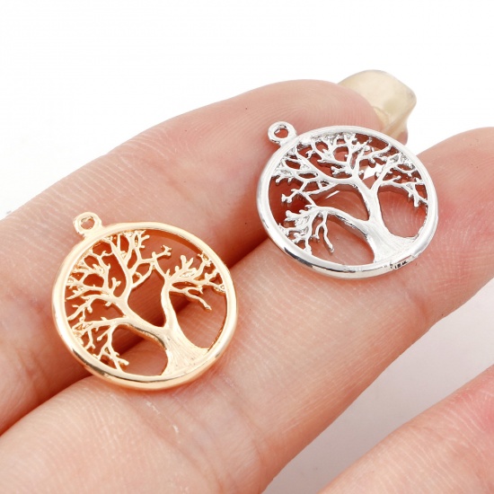 Imagen de Latón Colgantes Charms Ronda Oro Real Chapado Árbol Micro Pave Claro Circón Artificial 17mm x 15mm, 3 Unidades