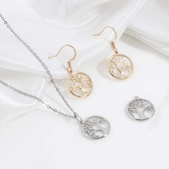 Imagen de Latón Colgantes Charms Ronda Oro Real Chapado Árbol Micro Pave Claro Circón Artificial 17mm x 15mm, 3 Unidades