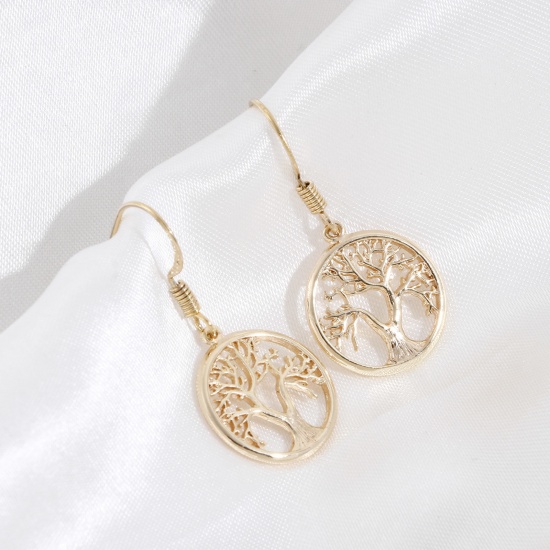 Imagen de Latón Colgantes Charms Ronda Oro Real Chapado Árbol Micro Pave Claro Circón Artificial 17mm x 15mm, 3 Unidades