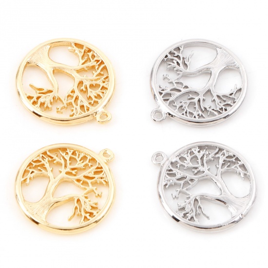Imagen de Latón Colgantes Charms Ronda Oro Real Chapado Árbol Micro Pave Claro Circón Artificial 17mm x 15mm, 3 Unidades