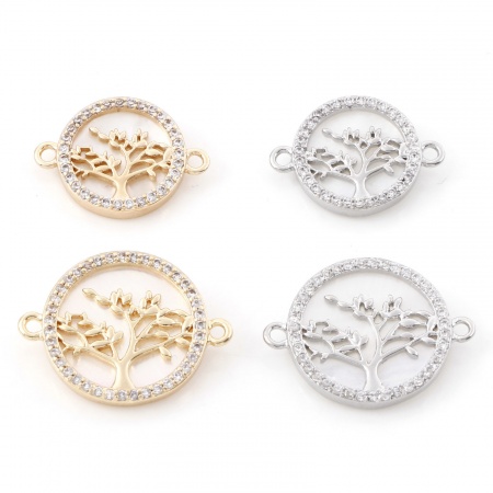 1 Stück Natürliche Muschel & Messing Steckverbinder Charms Anhänger Echtgold plattiert Rund Bäume Micro Pave Klar Kubischer Zirkon