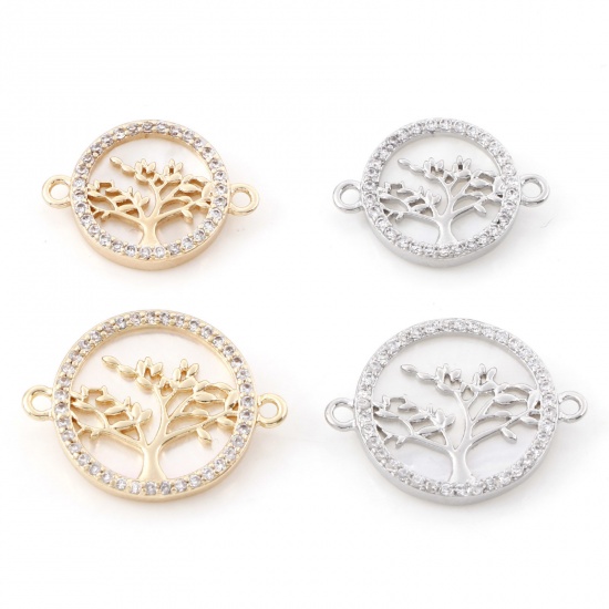 Bild von 1 Stück Natürliche Muschel & Messing Steckverbinder Charms Anhänger Echtgold plattiert Rund Bäume Micro Pave Klar Kubischer Zirkon