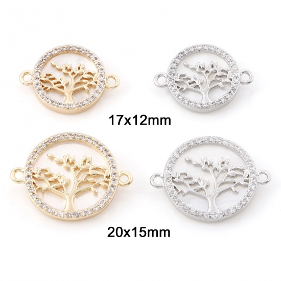 Bild von 1 Stück Natürliche Muschel & Messing Steckverbinder Charms Anhänger Echtgold plattiert Rund Bäume Micro Pave Klar Kubischer Zirkon
