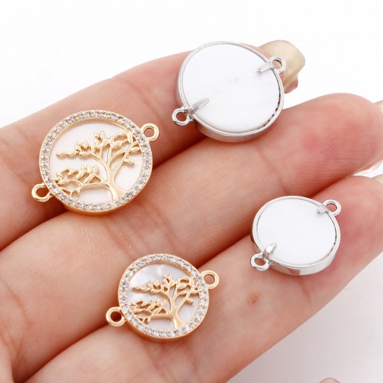 Bild von 1 Stück Natürliche Muschel & Messing Steckverbinder Charms Anhänger Echtgold plattiert Rund Bäume Micro Pave Klar Kubischer Zirkon