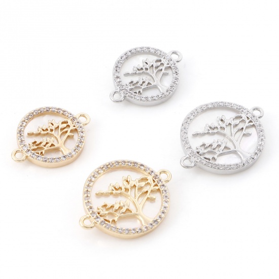 Bild von 1 Stück Natürliche Muschel & Messing Steckverbinder Charms Anhänger Echtgold plattiert Rund Bäume Micro Pave Klar Kubischer Zirkon
