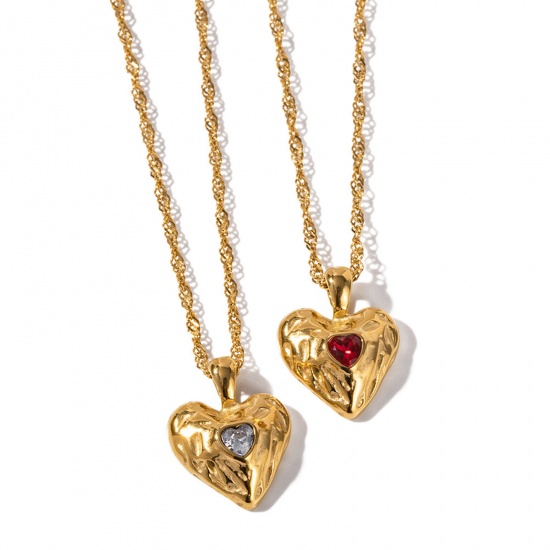 Picture of Eco-friendly Vacuum Plating Sweet & Cute Ins Style 18K Real Gold Plated 304 Stainless Steel & Cubic Zirconia Flower Chain Necklace Heart Pendant Necklace For Women Valentine's Day