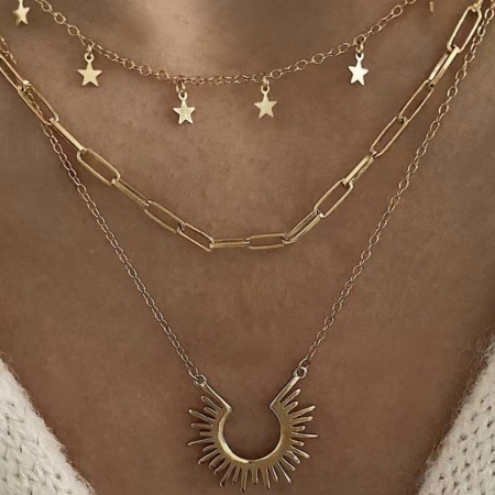 Eco-friendly Vacuum Plating Simple & Casual Simple 14K Real Gold Plated 304 Stainless Steel Link Chain Sun Rays Pendant Necklace For Women Party