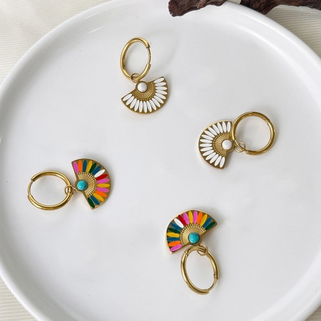 Hypoallergen Retro Ethnisch 18K Echtgold plattiert Bunt 304 Edelstahl Fächer-Form Emaille Ohrring Für Frauen Party 1 Paar Hypoallergen Retro Ethnisch 18K Echtgold plattiert Bunt 304 Edelstahl Fächer-Form Emaille Ohrring Für Frauen Party 1 Paar