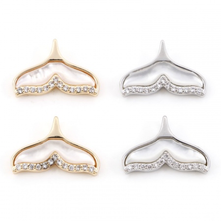Natural Shell & Brass Micro Pave Charms Real Gold Plated Whale Tail 15mm x 10mm