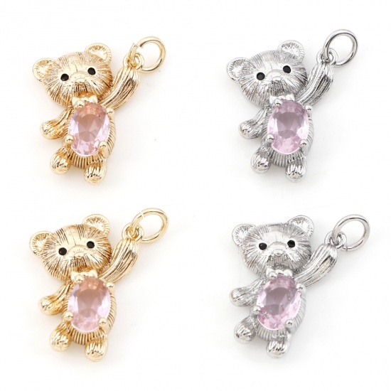 Image de Breloques en Laiton Ours Plaqué Or Véritable à Zircone Cubique Rose Clair 22mm x 13mm, 2 Pcs