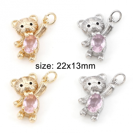 Image de Breloques en Laiton Ours Plaqué Or Véritable à Zircone Cubique Rose Clair 22mm x 13mm, 2 Pcs