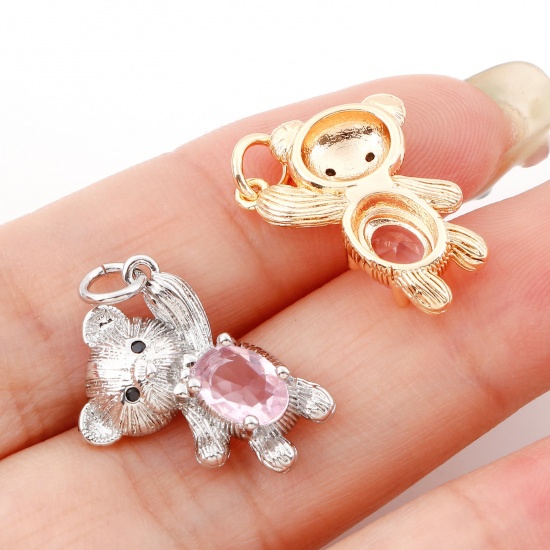 Image de Breloques en Laiton Ours Plaqué Or Véritable à Zircone Cubique Rose Clair 22mm x 13mm, 2 Pcs
