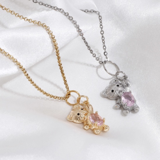 Image de Breloques en Laiton Ours Plaqué Or Véritable à Zircone Cubique Rose Clair 22mm x 13mm, 2 Pcs