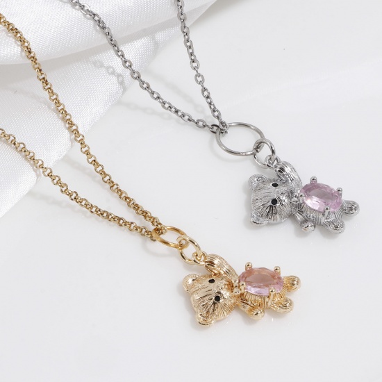 Image de Breloques en Laiton Ours Plaqué Or Véritable à Zircone Cubique Rose Clair 22mm x 13mm, 2 Pcs