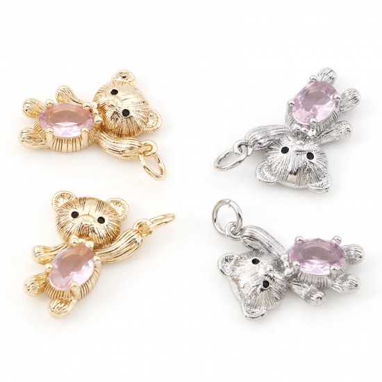 Image de Breloques en Laiton Ours Plaqué Or Véritable à Zircone Cubique Rose Clair 22mm x 13mm, 2 Pcs