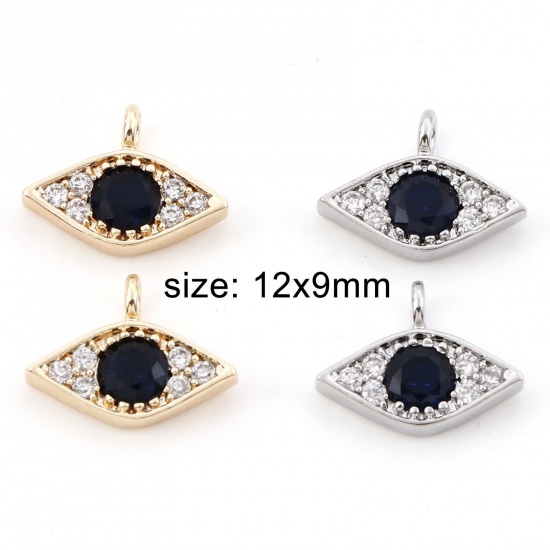Image de Breloques Micro Pave en Laiton œil Plaqué Or Véritable à Zircone Cubique Clair & Noir 12mm x 9mm, 2 Pcs