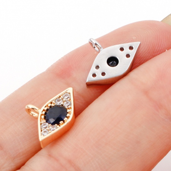 Image de Breloques Micro Pave en Laiton œil Plaqué Or Véritable à Zircone Cubique Clair & Noir 12mm x 9mm, 2 Pcs