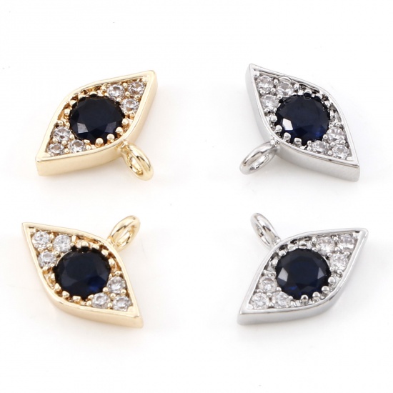 Image de Breloques Micro Pave en Laiton œil Plaqué Or Véritable à Zircone Cubique Clair & Noir 12mm x 9mm, 2 Pcs