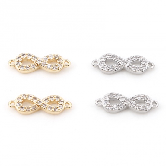 Picture of Brass Micro Pave Connectors Charms Pendants Infinity Symbol Real Gold Plated Clear Cubic Zirconia 15.5mm x 5mm