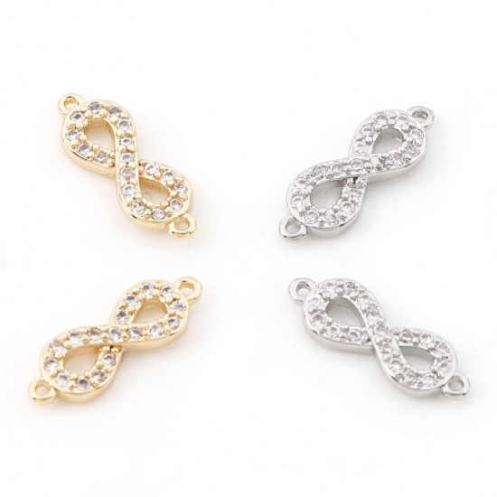 Picture of Brass Micro Pave Connectors Charms Pendants Infinity Symbol Real Gold Plated Clear Cubic Zirconia 15.5mm x 5mm                                                                                                                                                