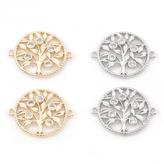 Picture of Brass Micro Pave Connectors Charms Pendants Round Tree of Life Real Gold Plated Hollow Clear Cubic Zirconia 22mm x 18mm