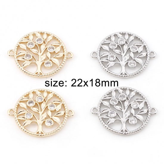 Picture of Brass Micro Pave Connectors Charms Pendants Round Tree of Life Real Gold Plated Hollow Clear Cubic Zirconia 22mm x 18mm