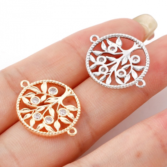 Picture of Brass Micro Pave Connectors Charms Pendants Round Tree of Life Real Gold Plated Hollow Clear Cubic Zirconia 22mm x 18mm