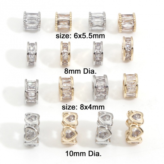 Picture of Brass Beads For DIY Charm Jewelry Making Multicolor Cylinder Clear Cubic Zirconia                                                                                                                                                                             