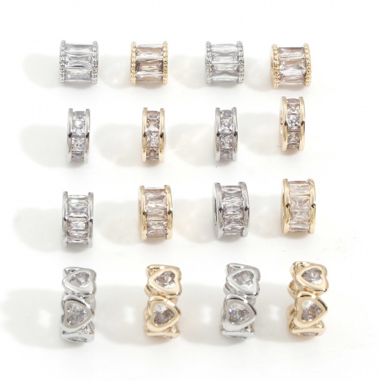 Picture of Brass Beads For DIY Charm Jewelry Making Multicolor Cylinder Clear Cubic Zirconia                                                                                                                                                                             
