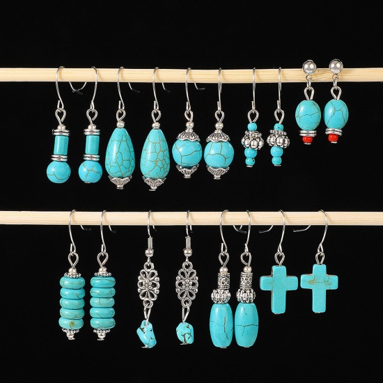 Picture of Turquoise Boho Chic Bohemia Earrings Antique Silver Color Cross Drop