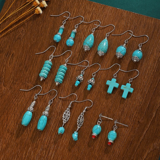 Picture of Turquoise Boho Chic Bohemia Earrings Antique Silver Color Cross Drop