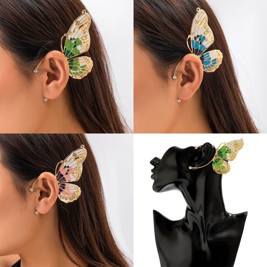 Picture of Insect Ear Cuff Clip On Stud Wrap Earrings For Left Ear Butterfly Animal Wing Gold Plated Multicolor Clear Rhinestone