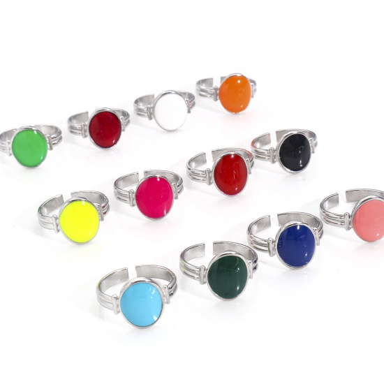Immagine di Ecologico 304 Acciaio Inossidabile Aperto Regolabile Anello Tono Argento Ovale Smalto 16.9mm (taglia di US: 6.5), 1 Pz