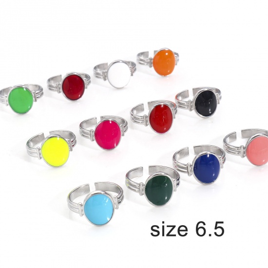 Immagine di Ecologico 304 Acciaio Inossidabile Aperto Regolabile Anello Tono Argento Ovale Smalto 16.9mm (taglia di US: 6.5), 1 Pz